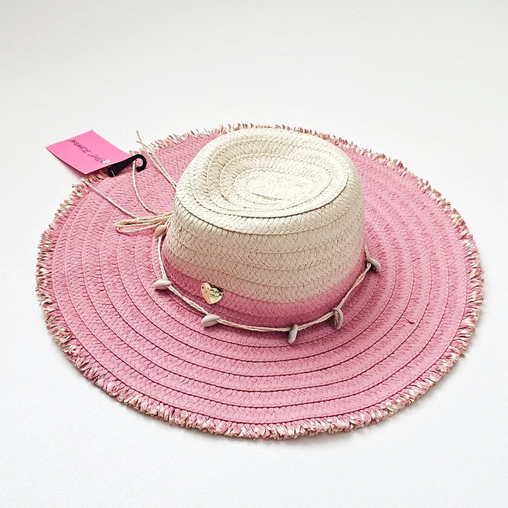 Betsey Johnson Pink Ombre Floppy Paper Hat Shell Detail Beach Boho NWT